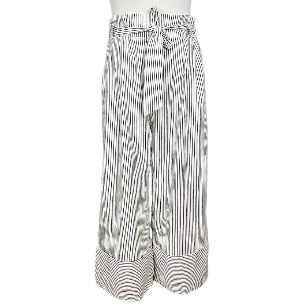 Kirious Navy and White Stripe Linen Paperbag Crop Wide Leg Pants M